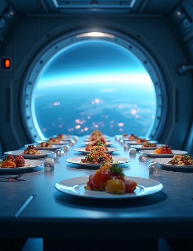 Luxury zero-gravity dining experience with floating molecular cuisine